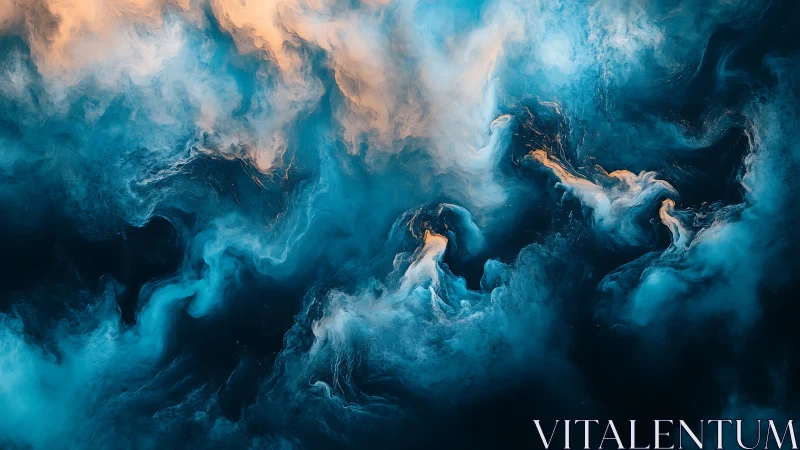 Abstract teal and orange fluid cloud formation on dark field.