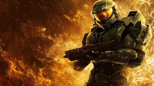 Armored sci fi soldier stands in front of intense flame field