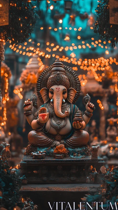 Ganesha statue in decorated outdoor shrine at night.