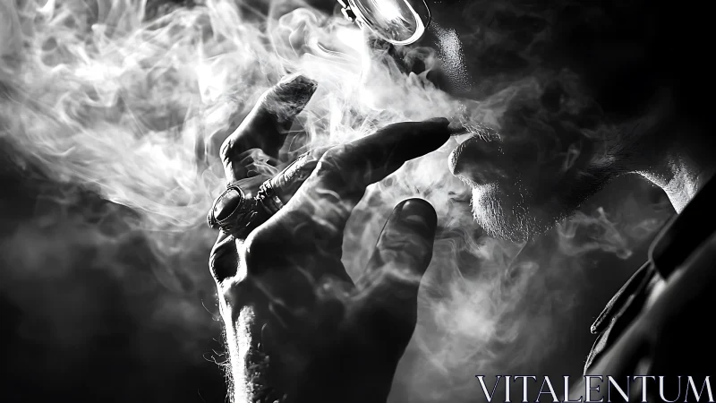 High-contrast monochrome portrait isolates smoker in dense vapor