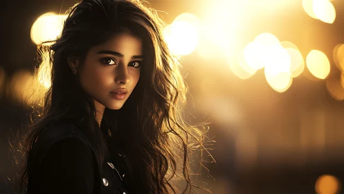 Photorealistic sunset portrait with cinematic bokeh lighting.