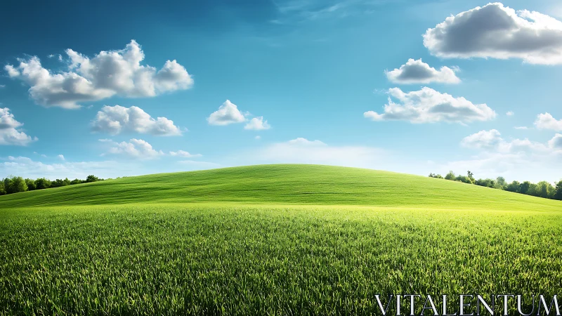 Soft green hillside welcomes sunlight under a bright blue sky