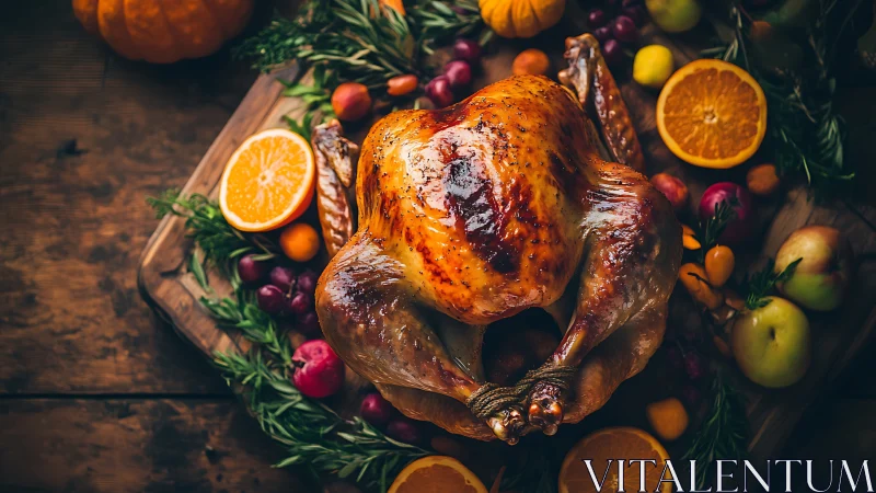 Roast turkey on wooden board with citrus and autumn garnish.