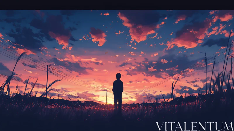 Backlit silhouette in electrically laced crimson dusk field.