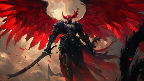 Armored fallen angel spreads crimson wings in battle haze