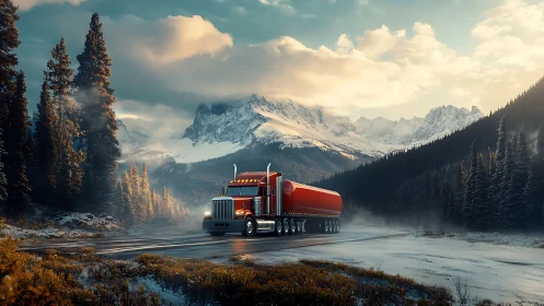 Red semi truck on winter highway below snowy mountains.