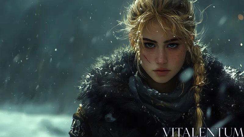 Fierce shieldmaiden warrior in blizzard-lit snowstorm.