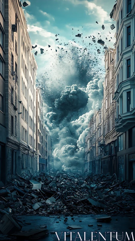 Urban canyon collapse under erupting cloudburst blast.