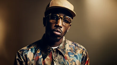 Studio portrait of stylish man with patterned jacket and cap