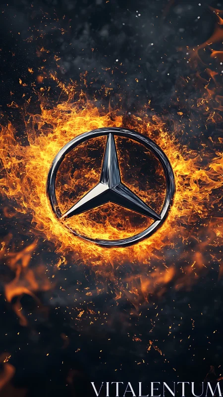 Chromed automotive star emblem encircled by volumetric flames