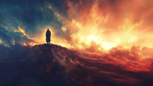 Skyline pilgrim listens quietly to the roaring painted dawn