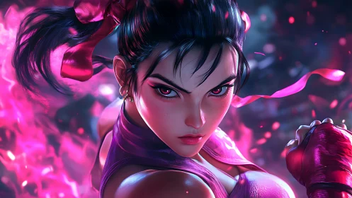 Martial artist woman channels intense pink energy in combat