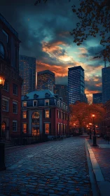 Golden city twilight welcomes a quiet cobblestone street