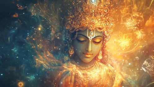 Serene cosmic goddess in radiant golden nebula veil.