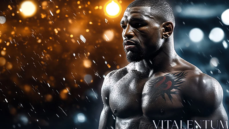 Athletic man in rain with dramatic lighting and tattoo.