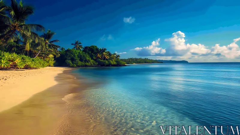 Tropical Paradise Beach with Crystal Waters and Palm-Lined Shoreline.