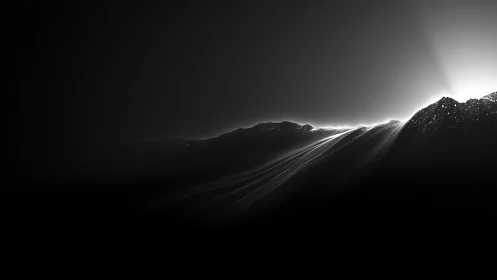 Monochrome light trails rise over abstract mountain horizon