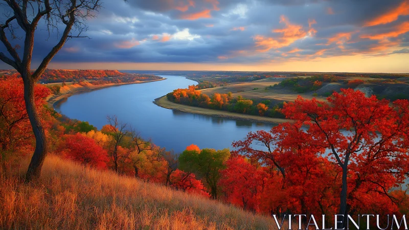 River valley curves through vivid autumn forest at sunset
