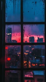 Nocturnal cityscape through rain-streaked window grid.