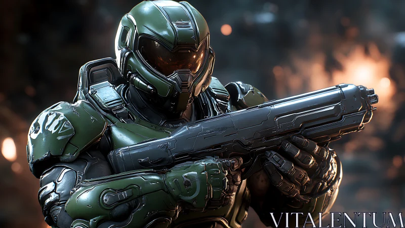 Armored sci fi infantry with ballistic shotgun in combat stance