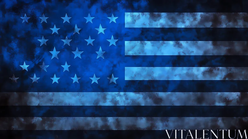 Blue reimagined American flag with textured smoke effect.