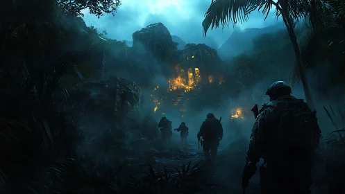 Midnight patrol toward a burning jungle temple ruin.