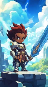 Stylized chibi knight holding glowing sword on cliff edge.