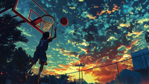 Cinematic anime dusk court with leaping basketball silhouette.