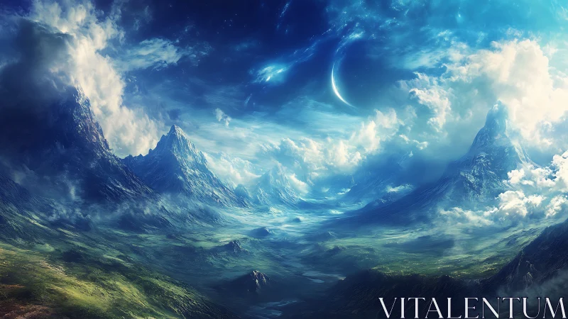 Celestial valleys breathe beneath a crescent-torn sky.