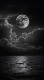 Full moon over dark ocean with dramatic storm clouds.