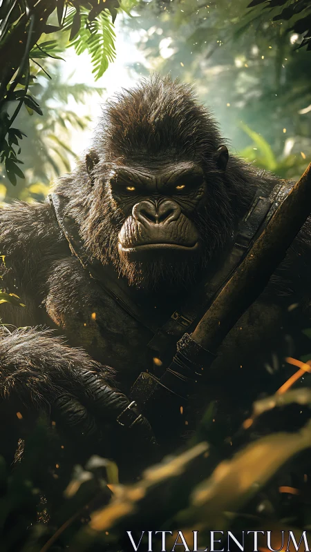 Jungle warlord gorilla guards his emerald-lit kingdom.