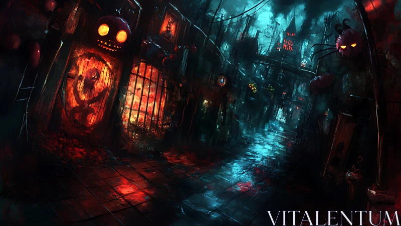 Storm-lit haunted alley glows with eerie jack-o-lantern light