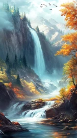 Mountain waterfall cascades through autumn forest valley
