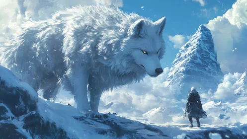 Colossal spectral wolf dominates icy alpine expedition vista