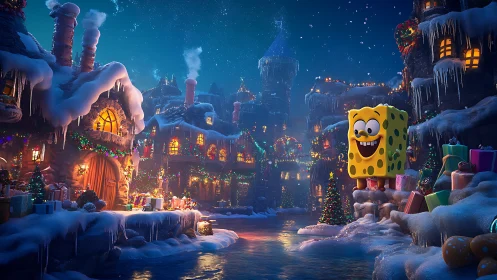 Snow-laden fantasy village with stylized sponge character and gifts