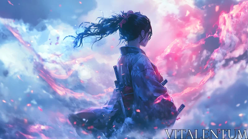 Samurai silhouette dissolves into luminous, nebular clouds