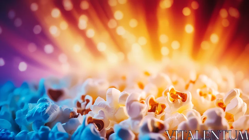 Cinematic popcorn macro under radiant bokeh light burst.