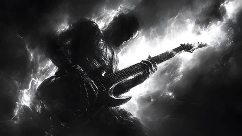Silhouetted guitarist cuts through swirling monochrome light