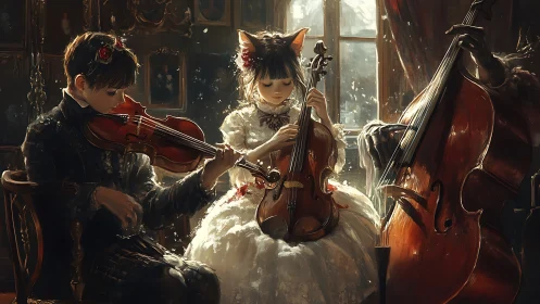 Ornate chamber trio with cat-eared girl and string ensemble