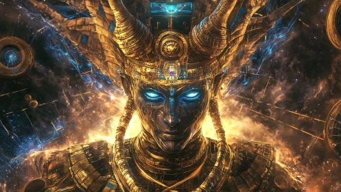 Golden cybernetic deity stands amid burning cosmic nebula