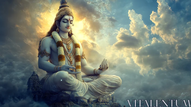 Divine blue-skinned figure meditates above detailed cloudy sky