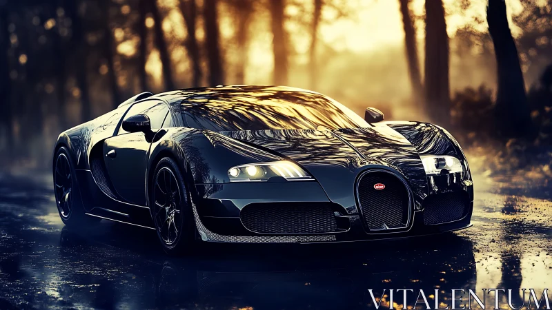 Black sports coupe is parked on a wet forest roadway