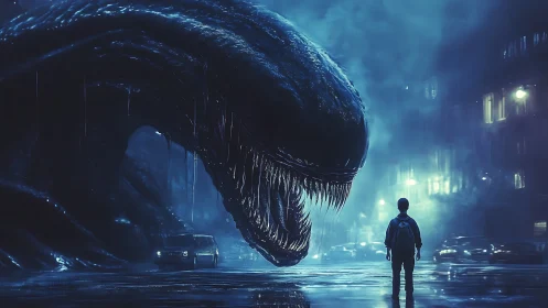 Colossal bioluminescent monster confronting lone city figure.