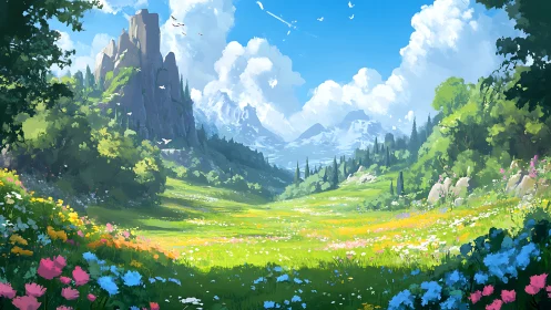 Digital painting depicts wide alpine meadow and distant peaks