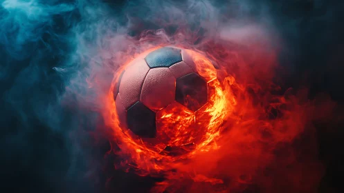 Burning soccer ball in swirling red and blue smoke motion.