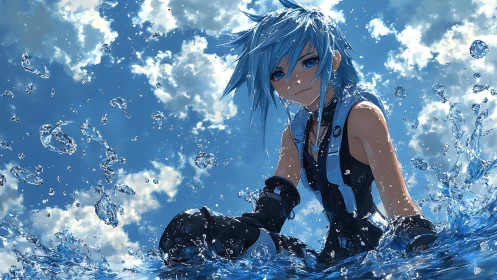 Skyward water guardian in a splashlit anime horizon.
