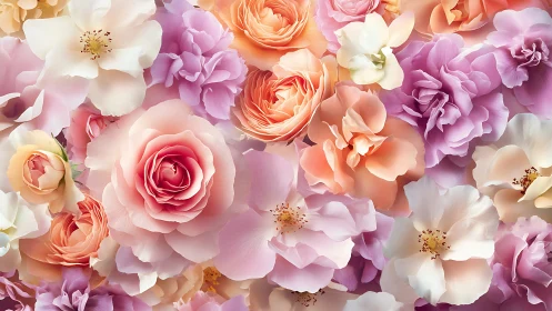 Layered Dense Floral Composition: Multi-Tonal Rose and Peony Arrangement with Soft Luminous Renderin