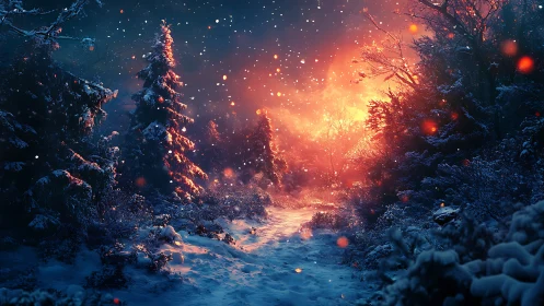 Digital painting of a winter forest path with fiery dusk glow.
