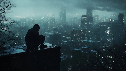 Rain-soaked rooftop loner watching a neon-drowned city dream.