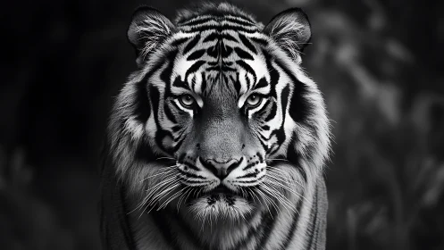 Black and white close-up portrait of a staring tiger.